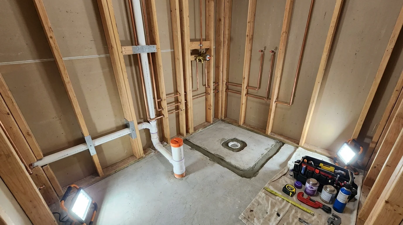 Bathroom rough-in plumbing during remodel by Johns Plumbing LLC in Arapahoe