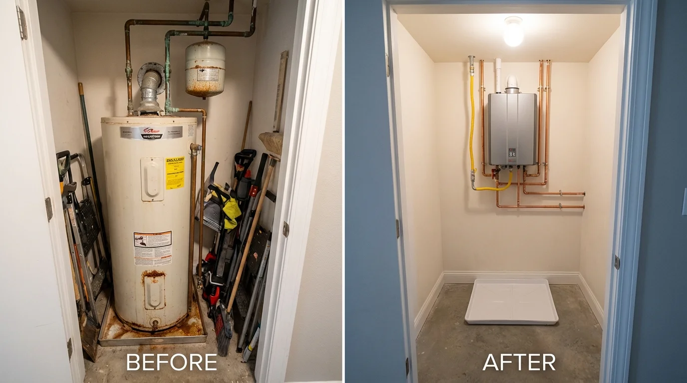 Tank water heater versus wall-mounted tankless unit comparison for Arapahoe, NE homeowners