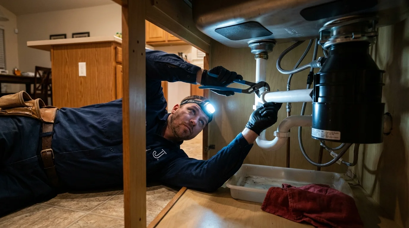 P-trap and supply line connections under a kitchen sink showing a common leak point in Arapahoe, NE